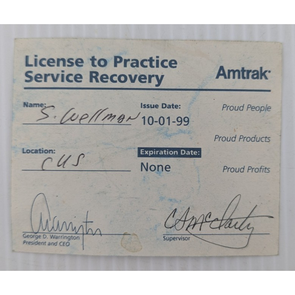 License to Practice Service Recovery Card Permit Amtrak Railroad 1999